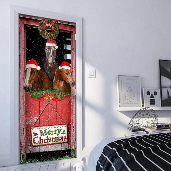 Three Horses In The Barn Door Cover – Unique Gifts Doorcover – Holiday Decor