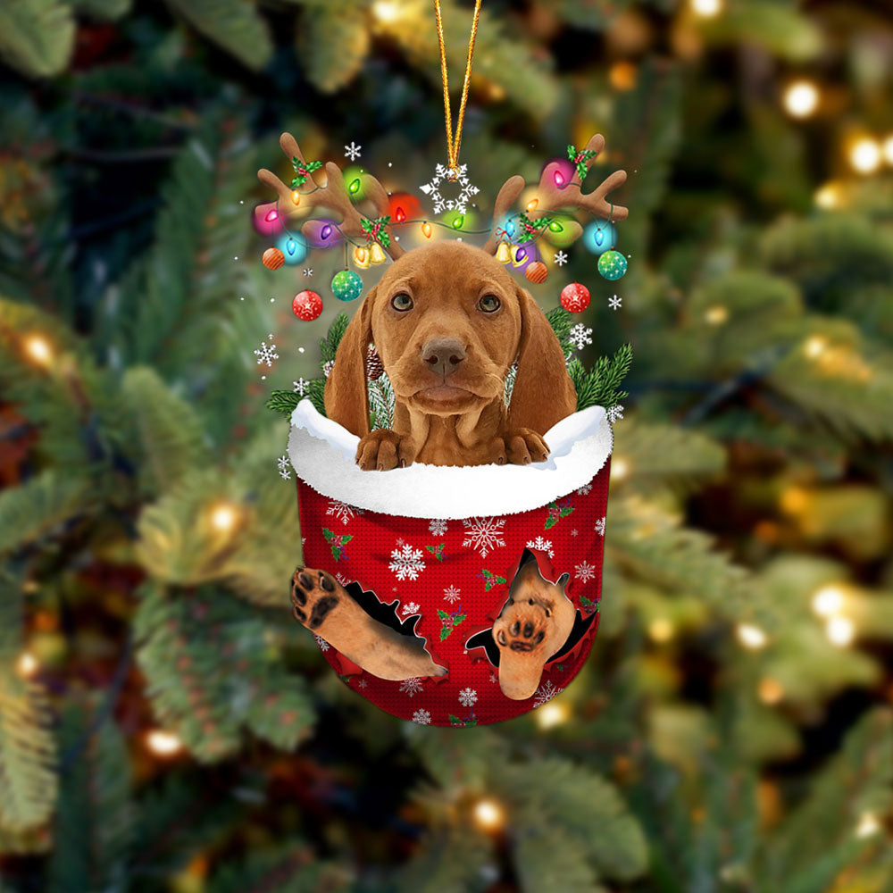 Vizsla In Snow Pocket Christmas Ornament - Two Sided Christmas Plastic Hanging