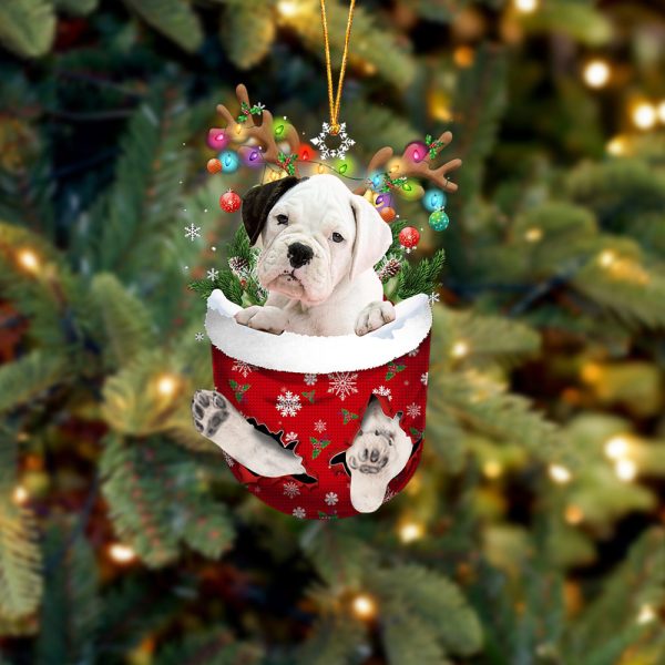 White Boxer In Snow Pocket Christmas Ornament – Two Sided Christmas Plastic Hanging