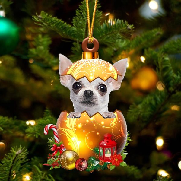 White Chihuahua In Golden Egg Christmas Ornament – Car Ornament – Unique Dog Gifts For Owners