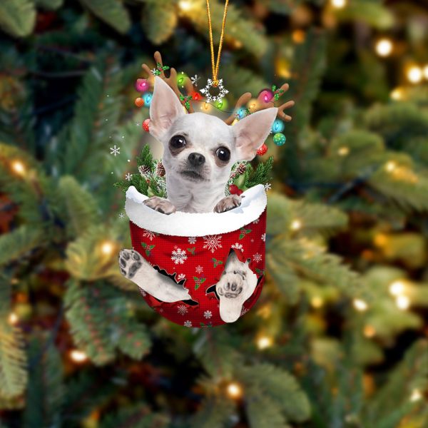 White Chihuahua In Snow Pocket Christmas Ornament – Two Sided Christmas Plastic Hanging