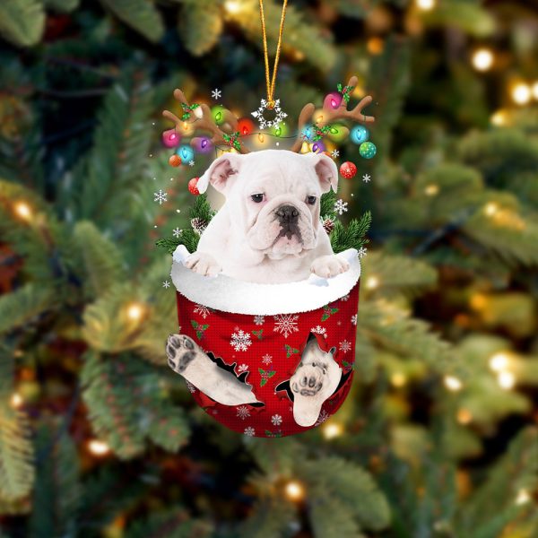 White English Bulldog In Snow Pocket Christmas Ornament – Two Sided Christmas Plastic Hanging