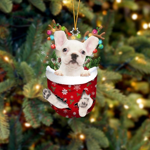 White French Bulldog In Snow Pocket Christmas Ornament – Two Sided Christmas Plastic Hanging