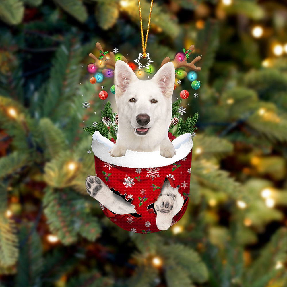 White German Shepherd In Snow Pocket Christmas Ornament - Two Sided Christmas Plastic Hanging