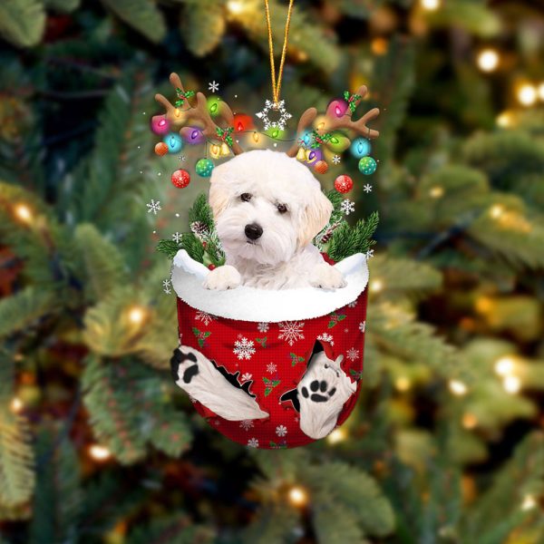 White Maltipoo In Snow Pocket Christmas Ornament – Two Sided Christmas Plastic Hanging