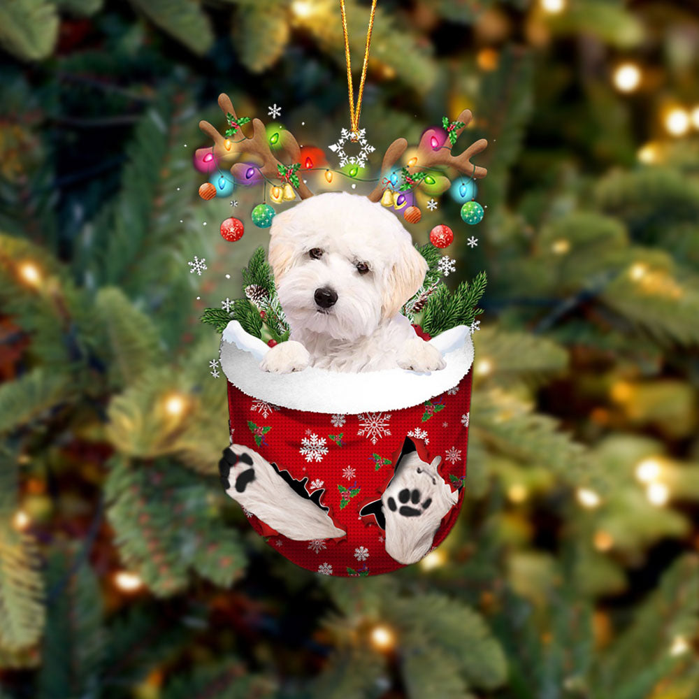 White Maltipoo In Snow Pocket Christmas Ornament - Two Sided Christmas Plastic Hanging