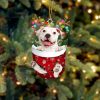 White Pitbulll In Snow Pocket Christmas Ornament – Two Sided Christmas Plastic Hanging