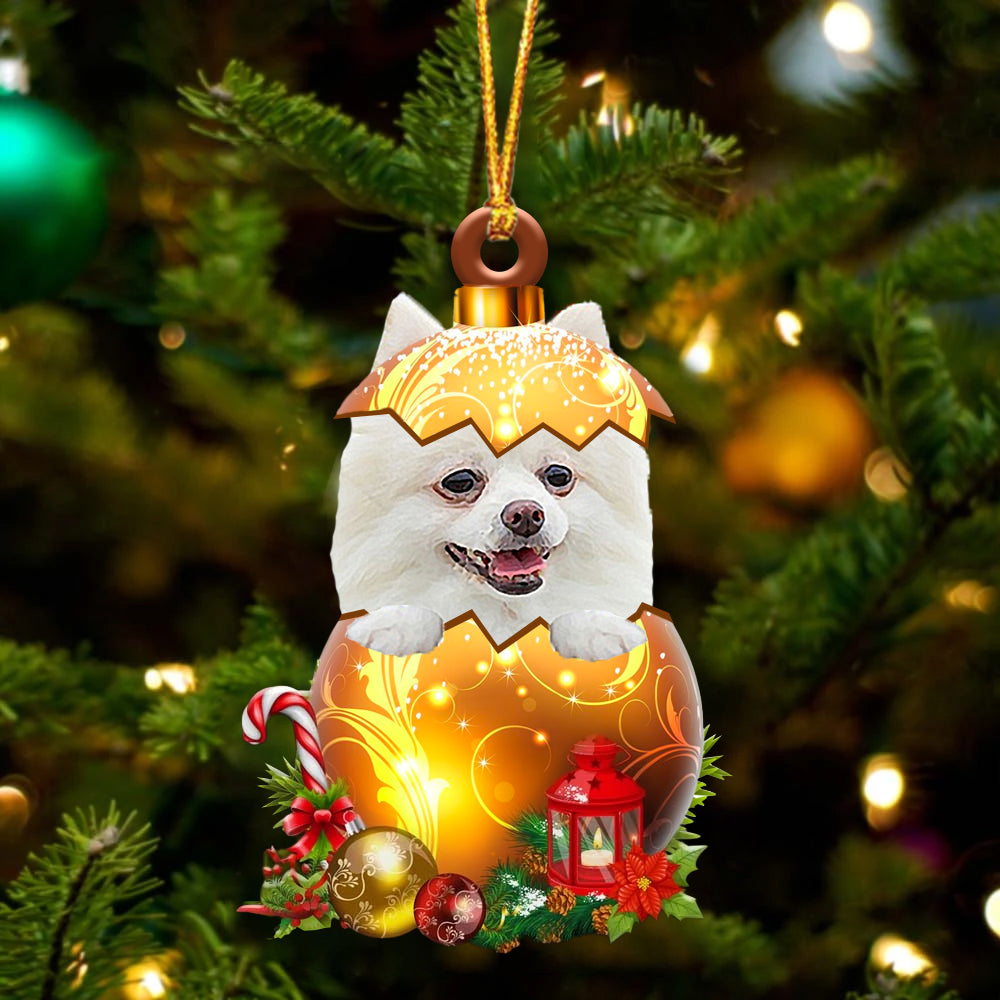 White Pomeranian In Golden Egg Christmas Ornament - Car Ornament - Unique Dog Gifts For Owners