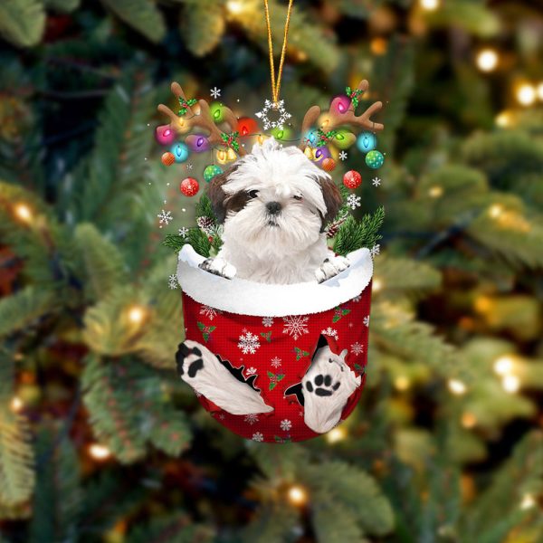 White Shih Tzu In Snow Pocket Christmas Ornament – Two Sided Christmas Plastic Hanging