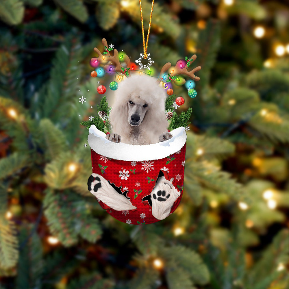 White Standard Poodle In Snow Pocket Christmas Ornament - Two Sided Christmas Plastic Hanging