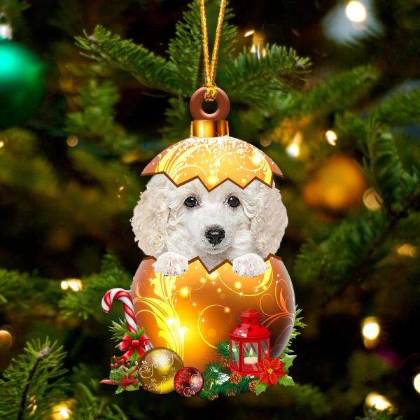 White Toy Poodle In Golden Egg Christmas Ornament – Car Ornament – Unique Dog Gifts For Owners