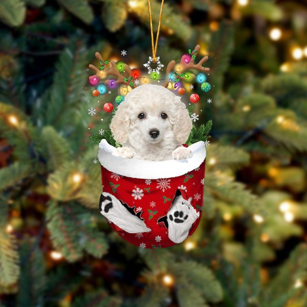 White Toy Poodle In Snow Pocket Christmas Ornament – Two Sided Christmas Plastic Hanging