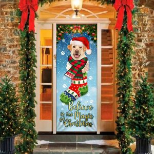 Yellow Lab In Sock Door Cover Believe In The Magic Of Christmas Labrador Retriever Gifts For Dog Lovers 4