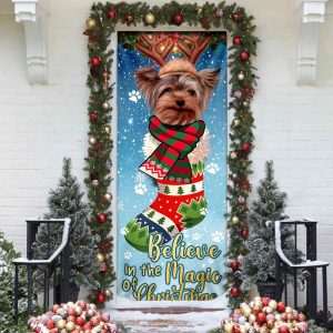 Yorkshire Terrier In Sock Door Cover Believe In The Magic Of Christmas Door Cover Gifts For Dog Lovers 3