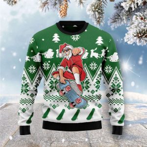 Santa Claus Skateboarding Ugly Christmas Sweater…