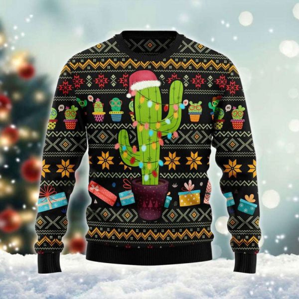 Cactus Wearing Santa Claus Hat Ugly Sweater Gift For Christmas