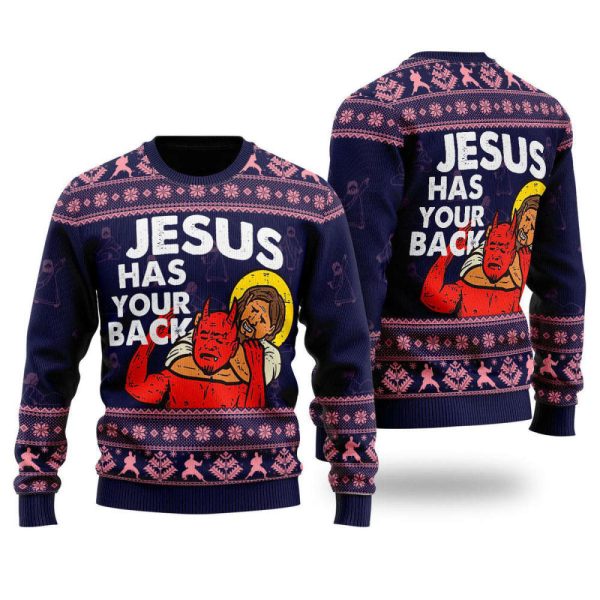 Funny Jesus Has Your Back Ugly Christmas Sweater For Christmas Day