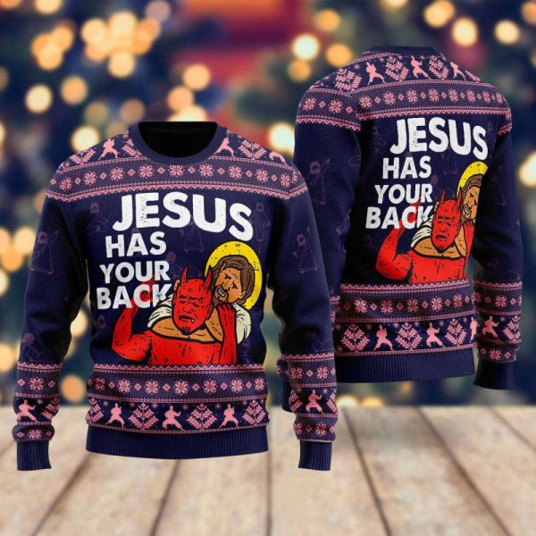 Funny Jesus Has Your Back Ugly Christmas Sweater For Christmas Day