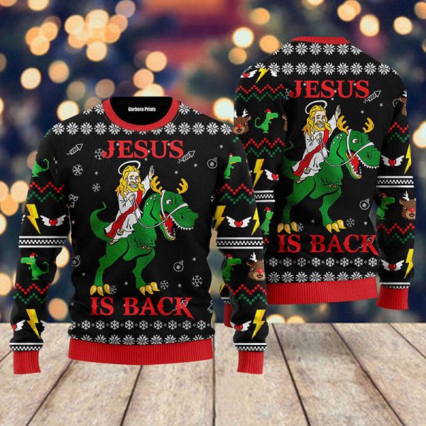 Jesus Ride Dinosaur Jurassic ParkJesus Is Back Ugly Christmas Sweater