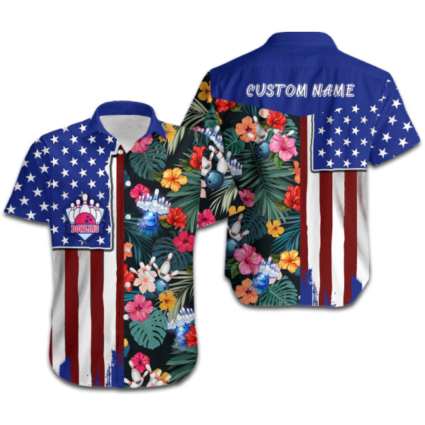 BowlingTropical American Flag Custom Name Hawaiian Shirt Unisex Men HN3369