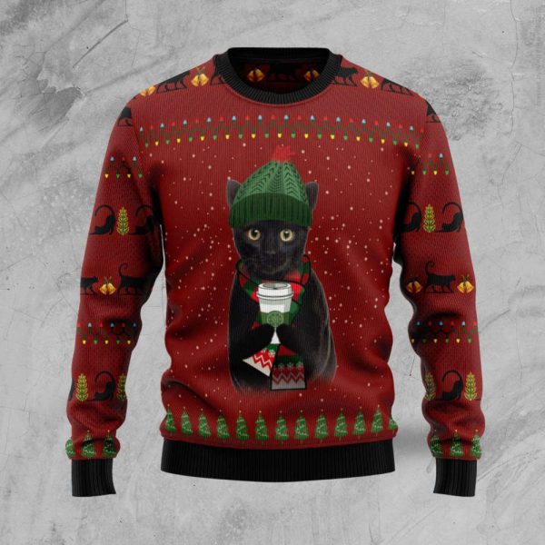 Black Cat Coffee Ugly Christmas Sweater, Black Cat Coffee 3D All Over Printed Sweater Gift For Christmas
