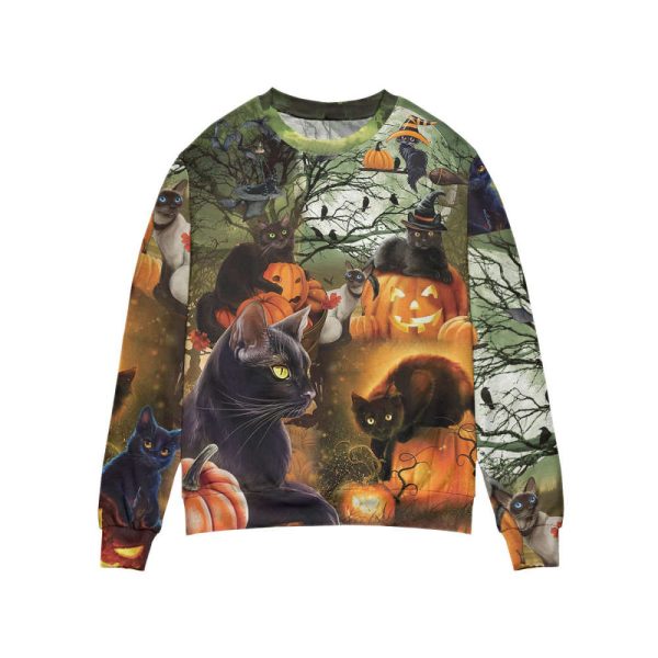 Black Cat & The Pumpkin Halloween Ugly Christmas Sweater, All Over Print Sweatshirt Gift For Christmas