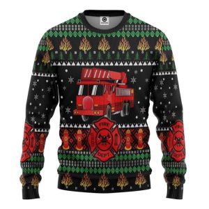 3D Firefighter Truck Ugly Christmas Sweatshirt…