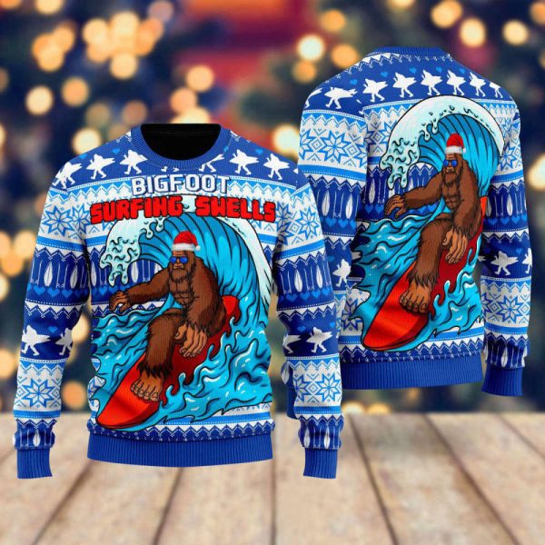 Bigfoot Surfing Swells Ugly Christmas Sweater Men & Women – Gift for Christmas
