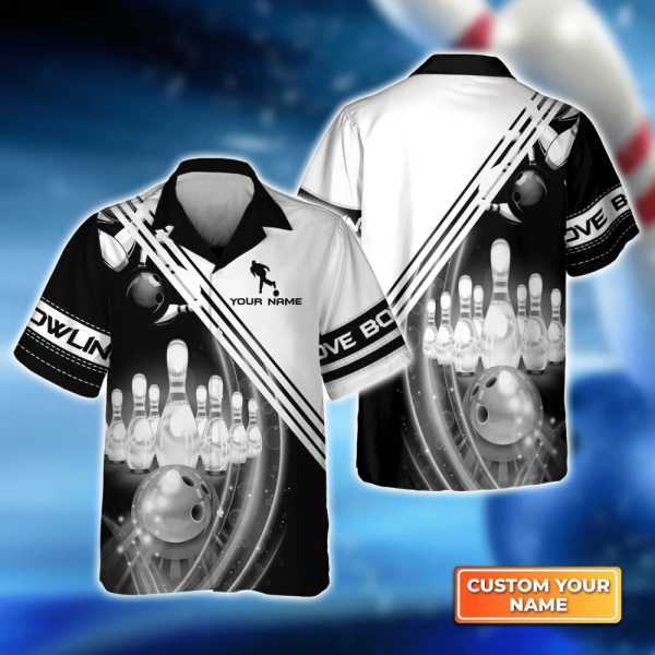 Strike in Style: Black & White Bowling Hawaiian Shirt for Men & Women Bowling Team Shirt