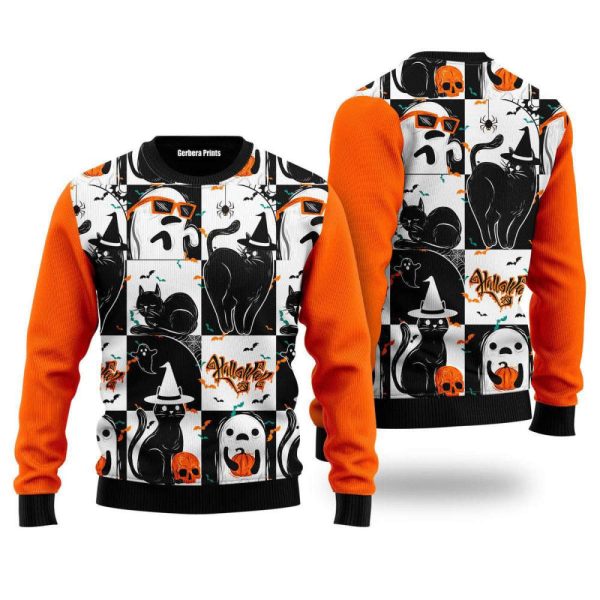 Black Cat and Ghost Halloween Ugly Christmas Sweater,  Black Cat and Ghost Halloween 3D All Over Printed Sweater