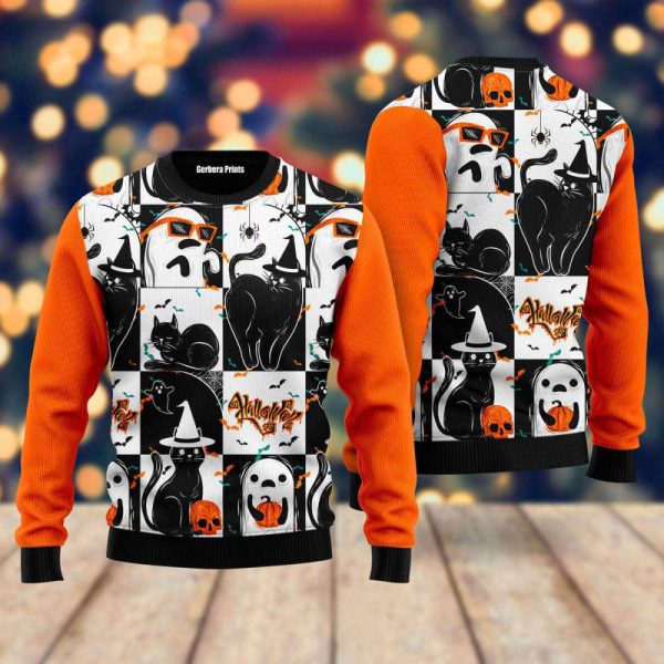 Spooky Black Cat and Ghost Ugly Christmas Sweater – Perfect for Men & Women UH1413