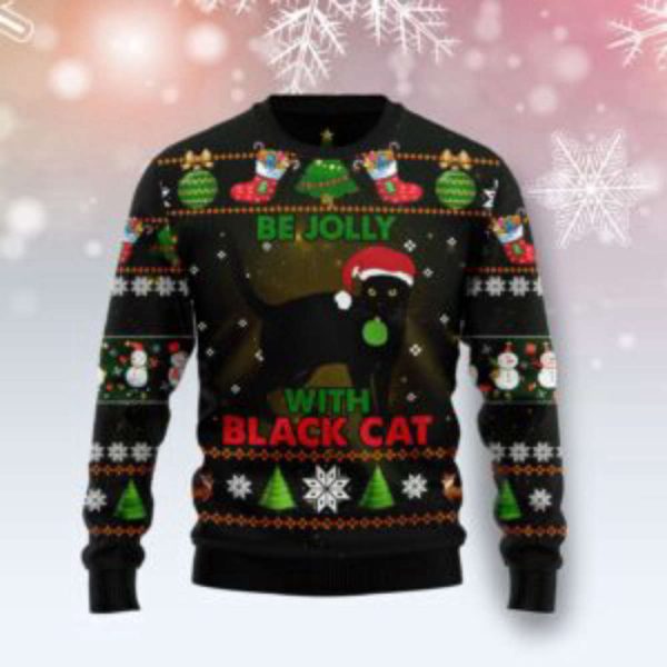 Black Cat Be Jolly Ugly Christmas Sweater, All Over Print Sweatshirt