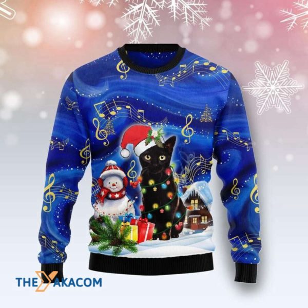 Black Cat Christmas Night Light Up Sweater – Perfect Ugly Sweater Gift for Christmas – All Over Print