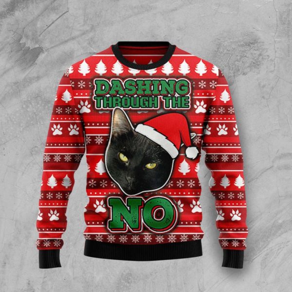 Black cat dashing through the no Christmas sweater