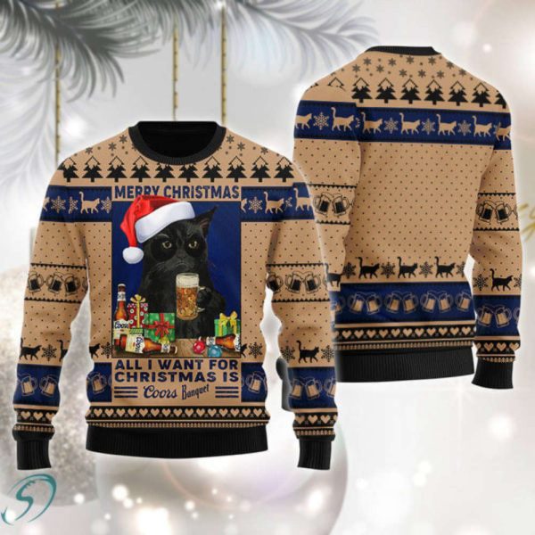 Black Cat Drinking Coors Banquet Ugly Christmas Sweater