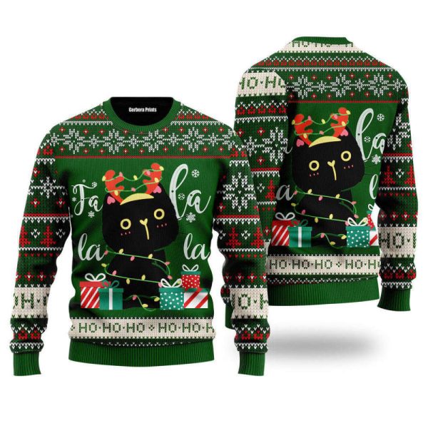 Black Cat Falalala Ugly Christmas Sweater For Men & Women UH1324