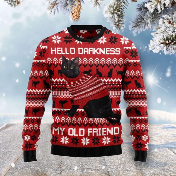 Black Cat Hello Darkness My Old Friend Ugly Christmas Sweater For Christmas Gift