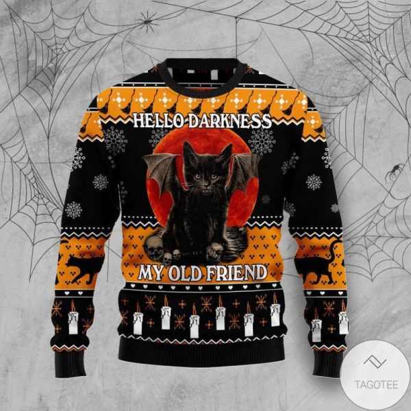 Black Cat Hello Darkness Ugly Christmas Sweater, All Over Print Sweatshirt