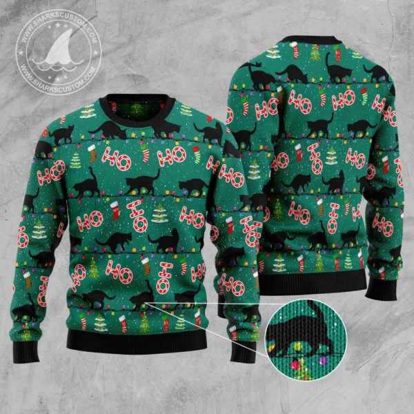 Black Cat Ho Ho Ho Ugly Christmas Sweater