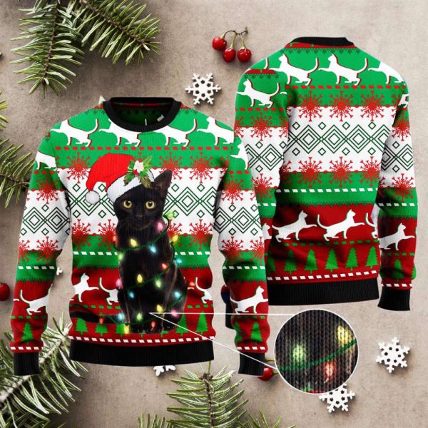 Black Cat Light Ugly Christmas Sweater Knit Wool Sweater