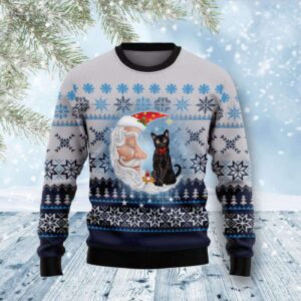 Black Cat Love Santa Moon Ugly Christmas Sweater, All Over Print Sweatshirt