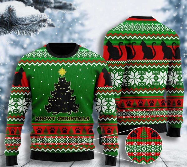 Black Cat Meowy Christmas Tree Ugly Christmas Sweater, Black Cat Meowy Christmas Tree   3D All Over Printed Sweater