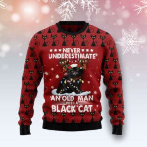 Black Cat Old Man Ugly Christmas…
