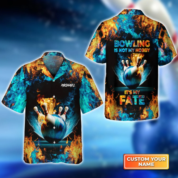 Fateful 3D Hawaiian Shirt: Blue Bowling Ball & Pins on Fire – Personalized Name