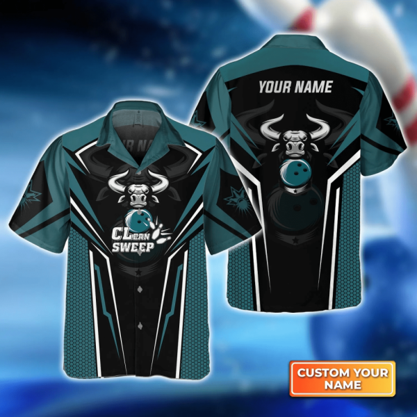 Bowling Bull Clean Sweep Turquoise Black hawaiian shirt, Bowling Hawaiian Shirt For Bowling Gift Team shirt