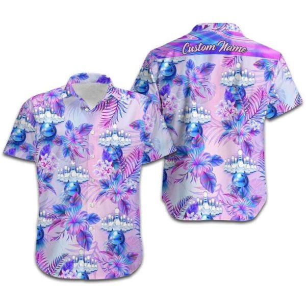 Bowling Holographic Tropical Flowers Hawaiian Shirt Custom Name Men & Women