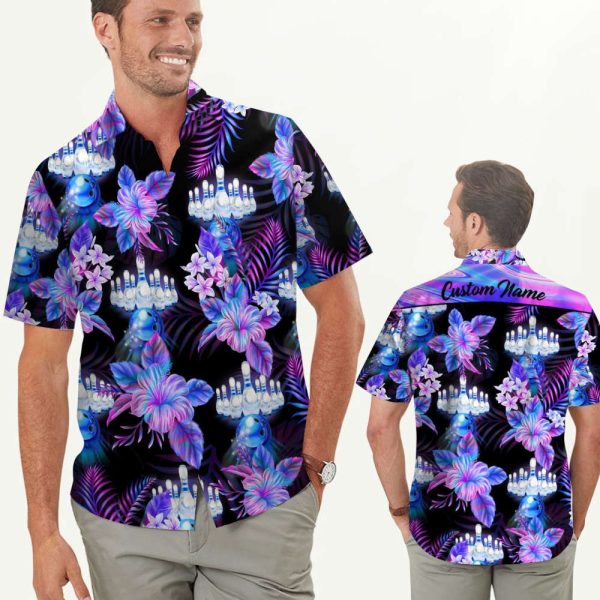 Custom Name Hawaiian Shirt for Men & Women – Bowling Holographic Tropical Flowers (HN3567)