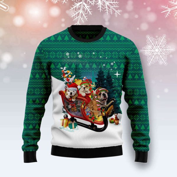 Bulldog Sleigh T3010 Ugly Christmas Sweater -Holiday Gift Noel Christmas Day
