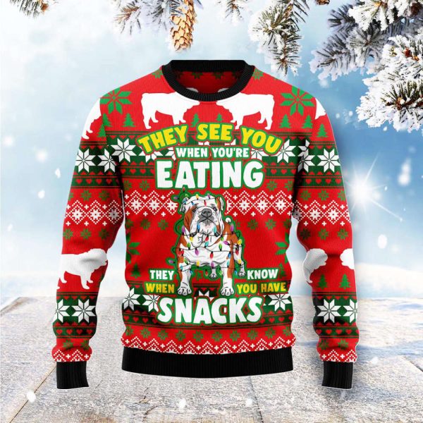 Bulldog Snacks Christmas Light Ugly Sweater: Unisex Knit Wool Dog Lover s Holiday Sweater