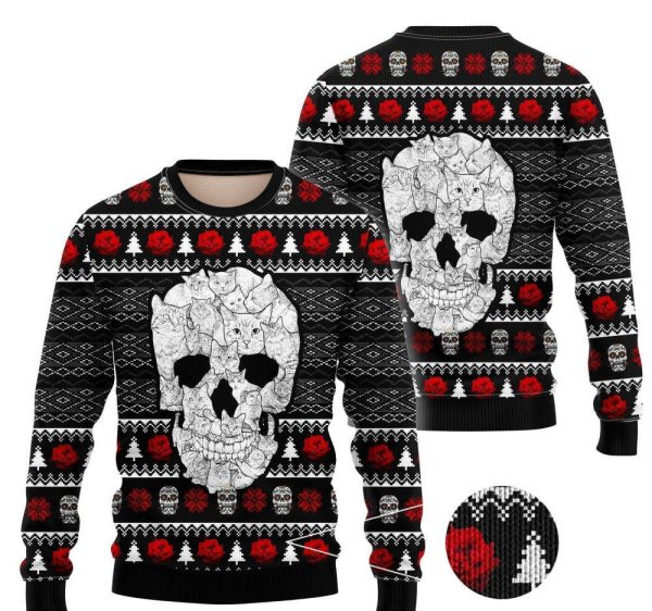 Cat Skull Ugly Christmas Sweater – 3D All Over Printed Sweater